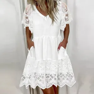 Lace Patchwork Holiday Loose Elegant Short-Sleeved Pleated Mini Casual White Dress