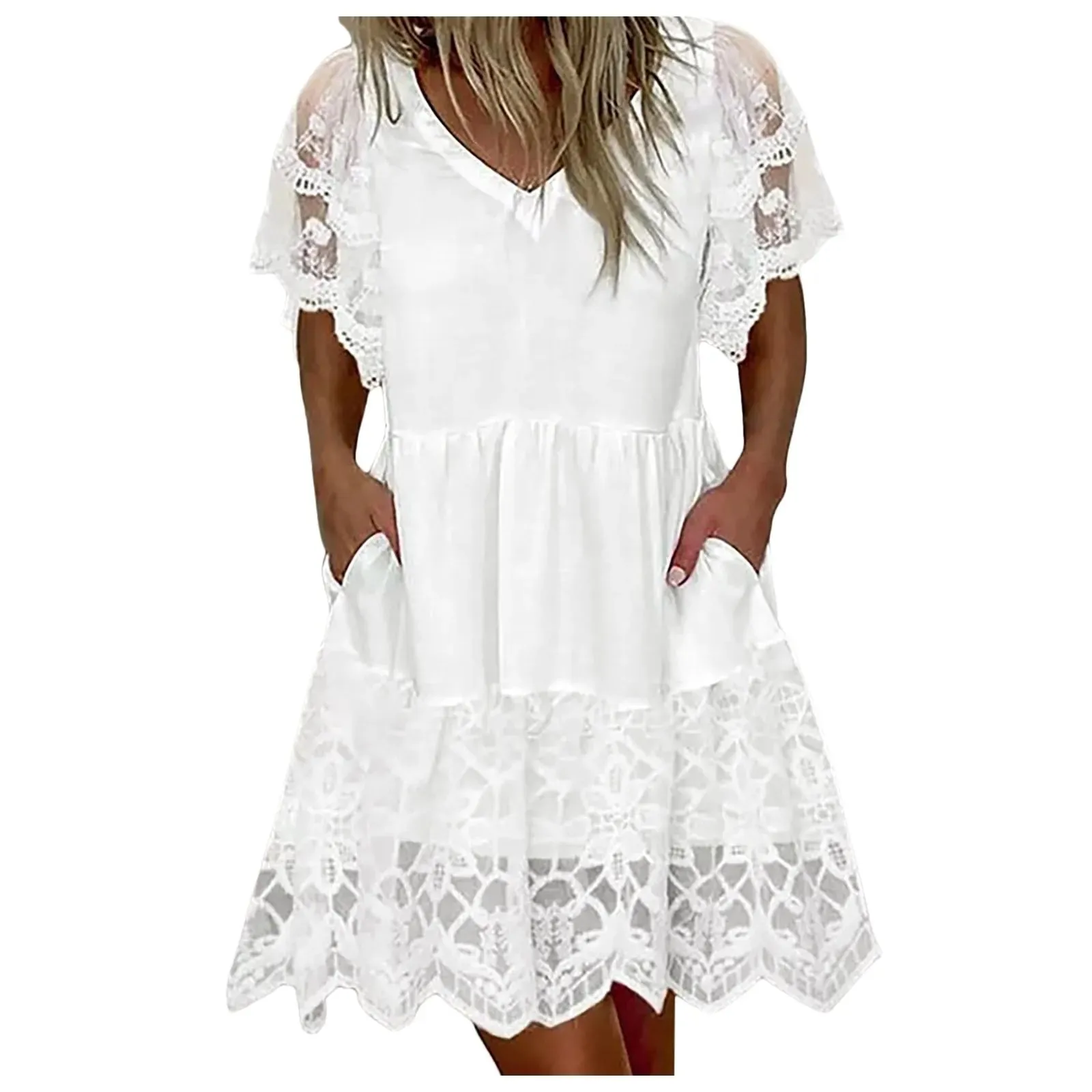 Lace Patchwork Holiday Loose Elegant Short-Sleeved Pleated Mini Casual White Dress