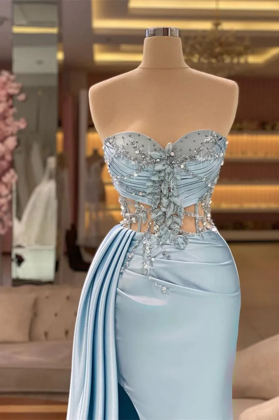 Light-Blue Mermaid Style Evening Dresses With Fold Strapless