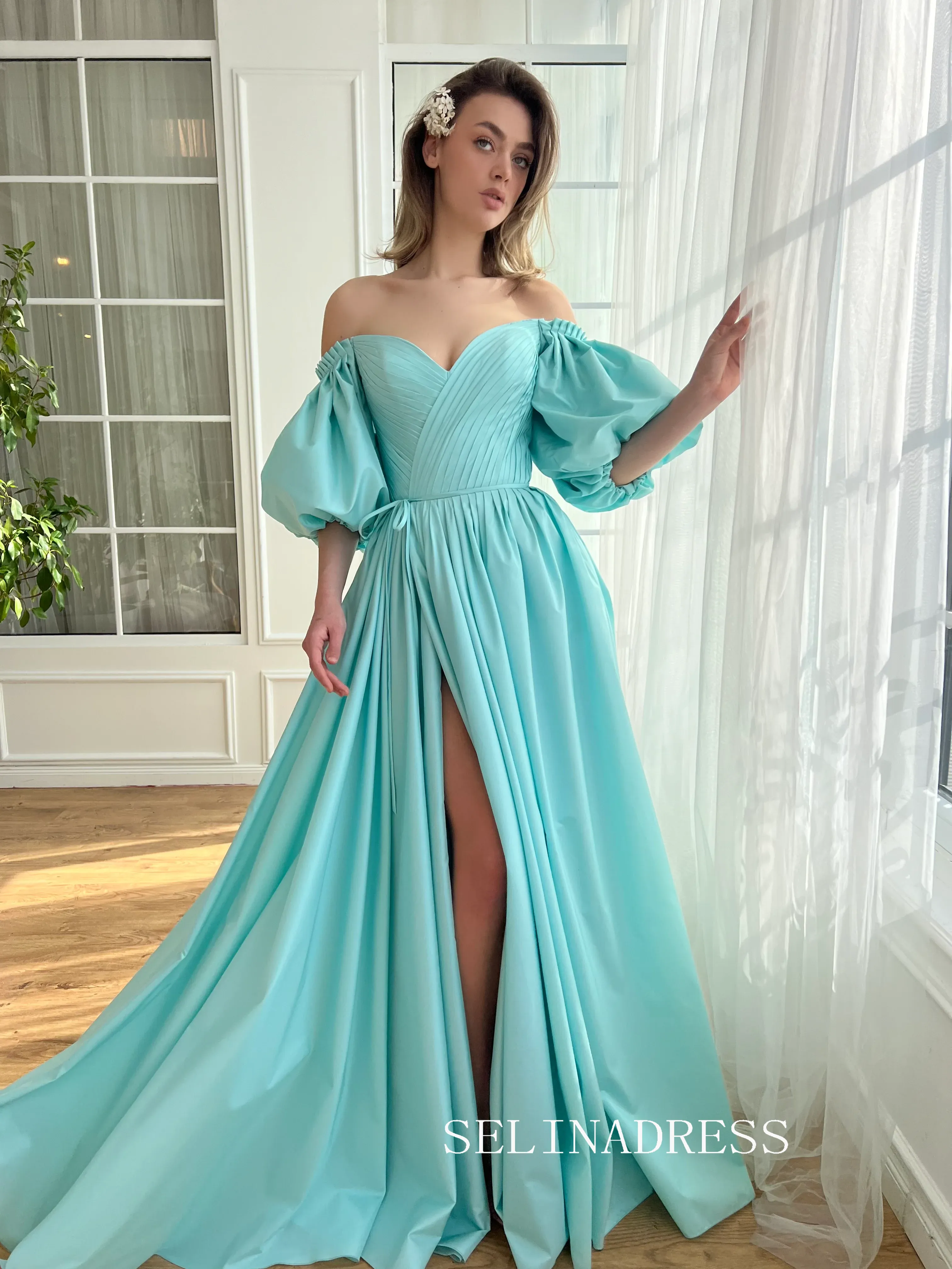 Light Blue Satin Long Prom Dress Off-the-shoulder Long Sleeve Evening Dress With Slit EWR309