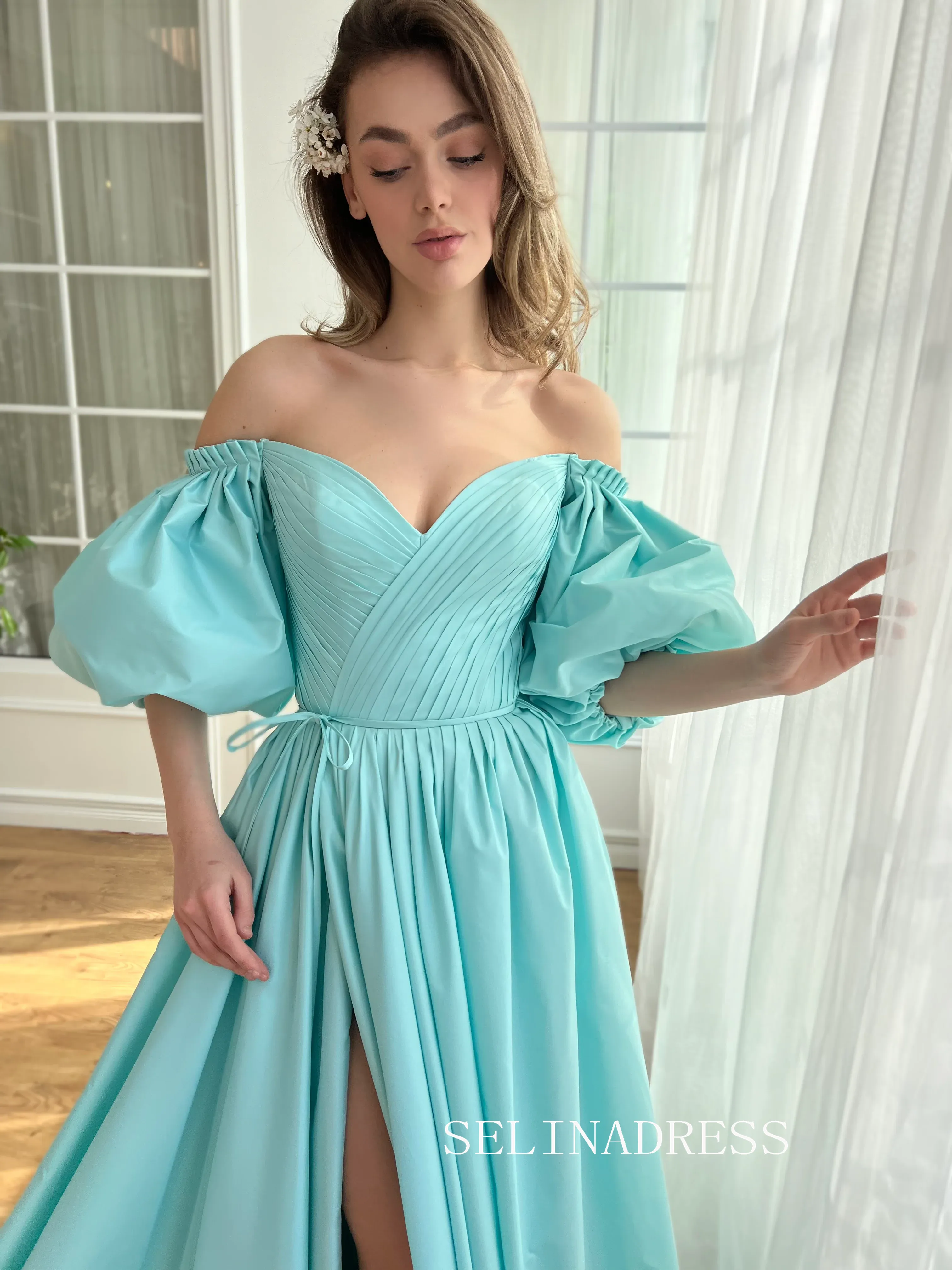 Light Blue Satin Long Prom Dress Off-the-shoulder Long Sleeve Evening Dress With Slit EWR309