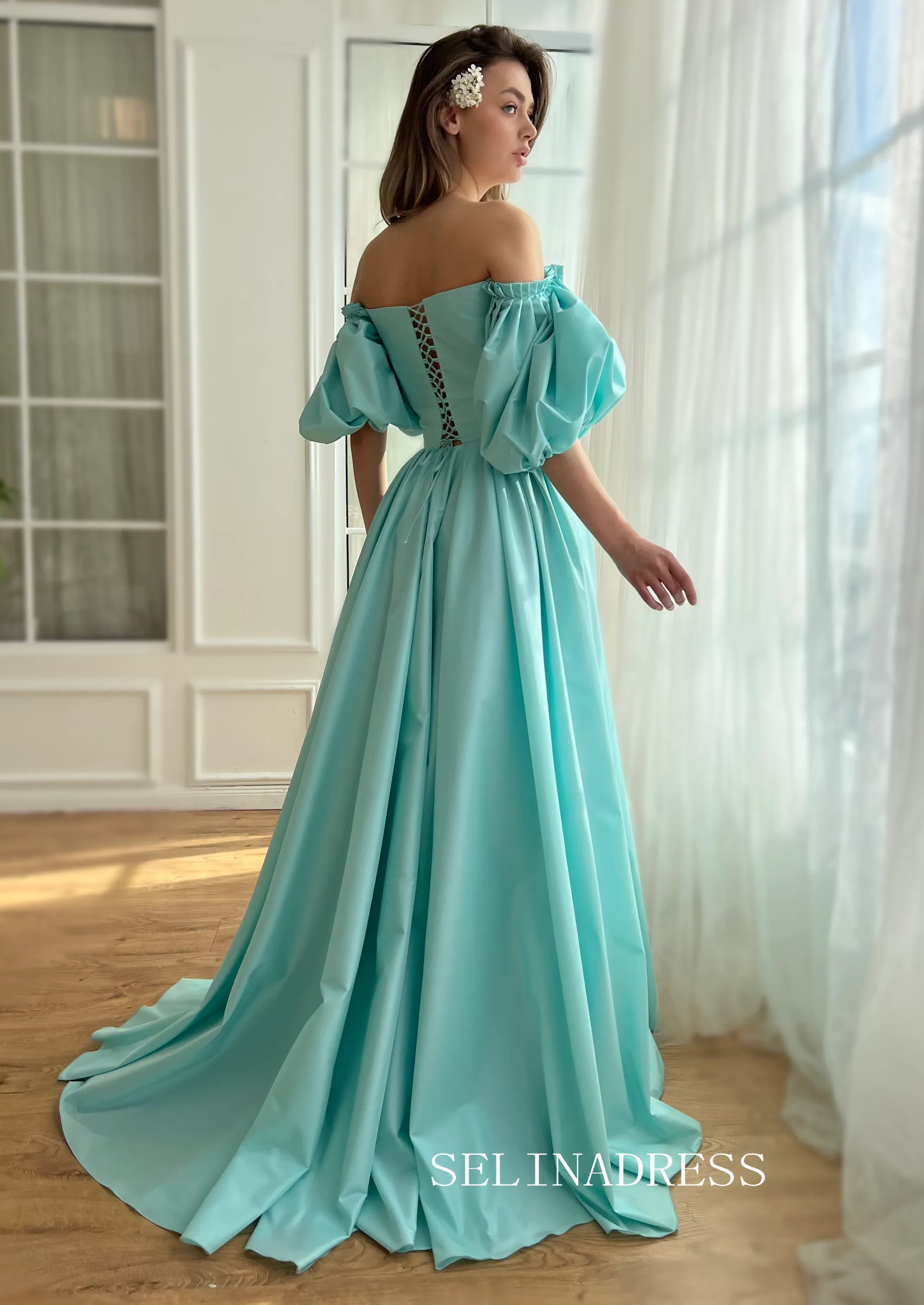 Light Blue Satin Long Prom Dress Off-the-shoulder Long Sleeve Evening Dress With Slit EWR309