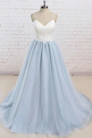 Light Blue Tulle Simple Spaghetti Straps Sweep Train Backless Prom Dress