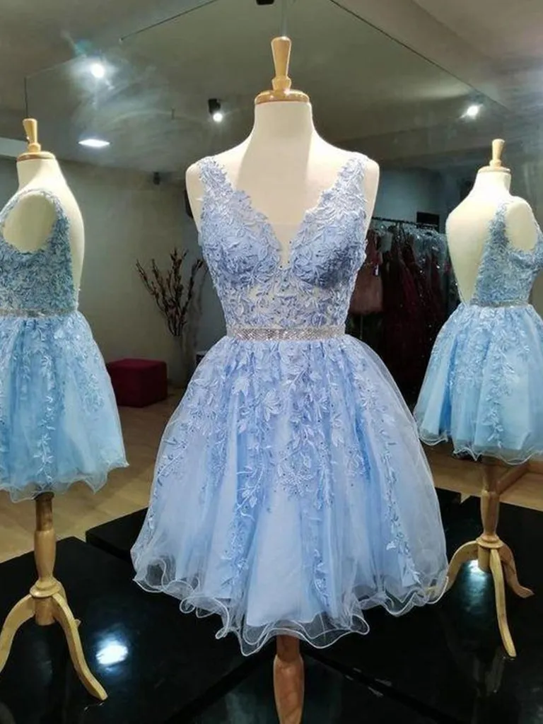 Light Blue V-neckline Knee Length Short Party Dress Blue Homecoming Dresses