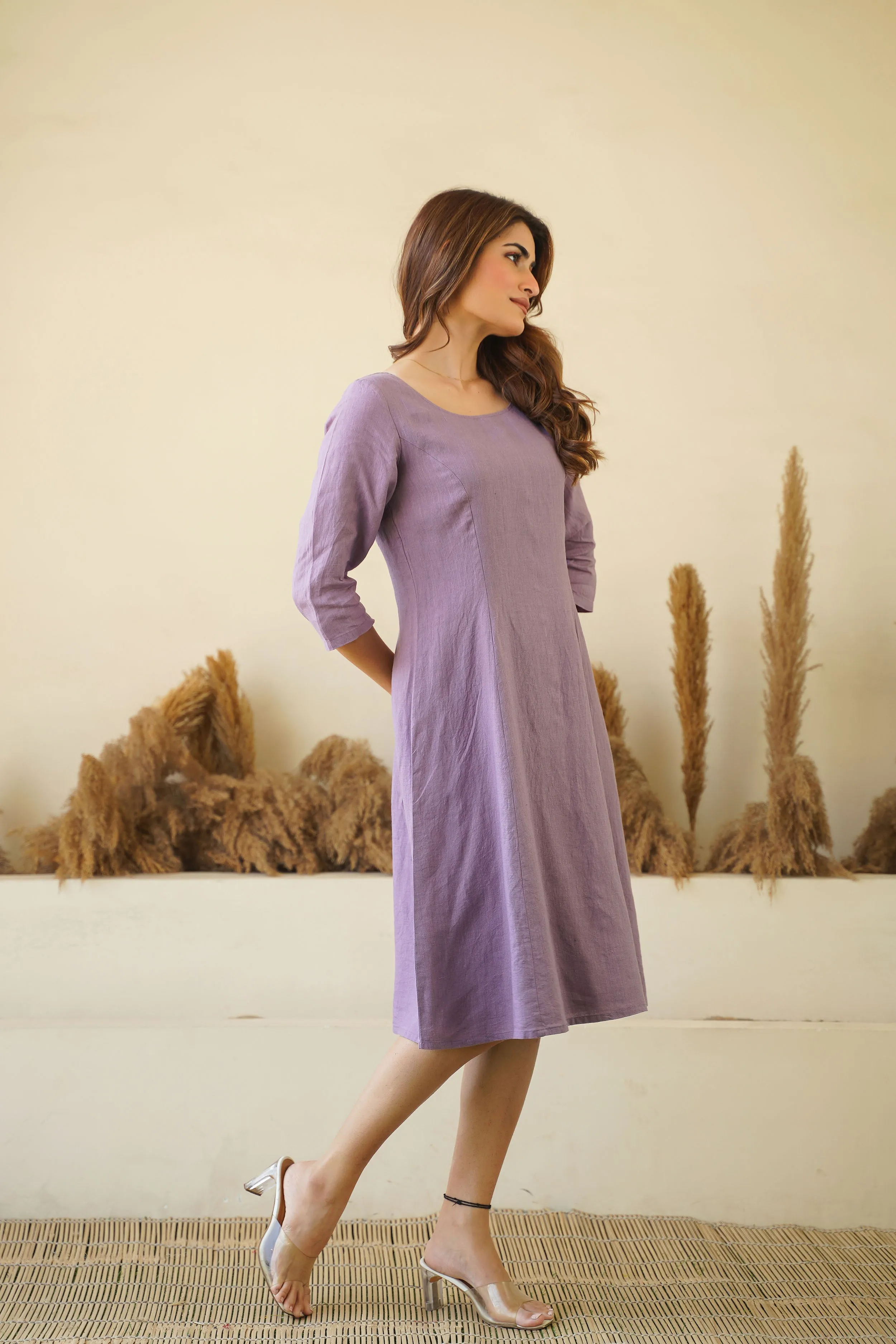 Lilac Women's Linen Dress - Round Neck Linen Tunic with Princess Seams, Long Sleeve | Zipper & Lining