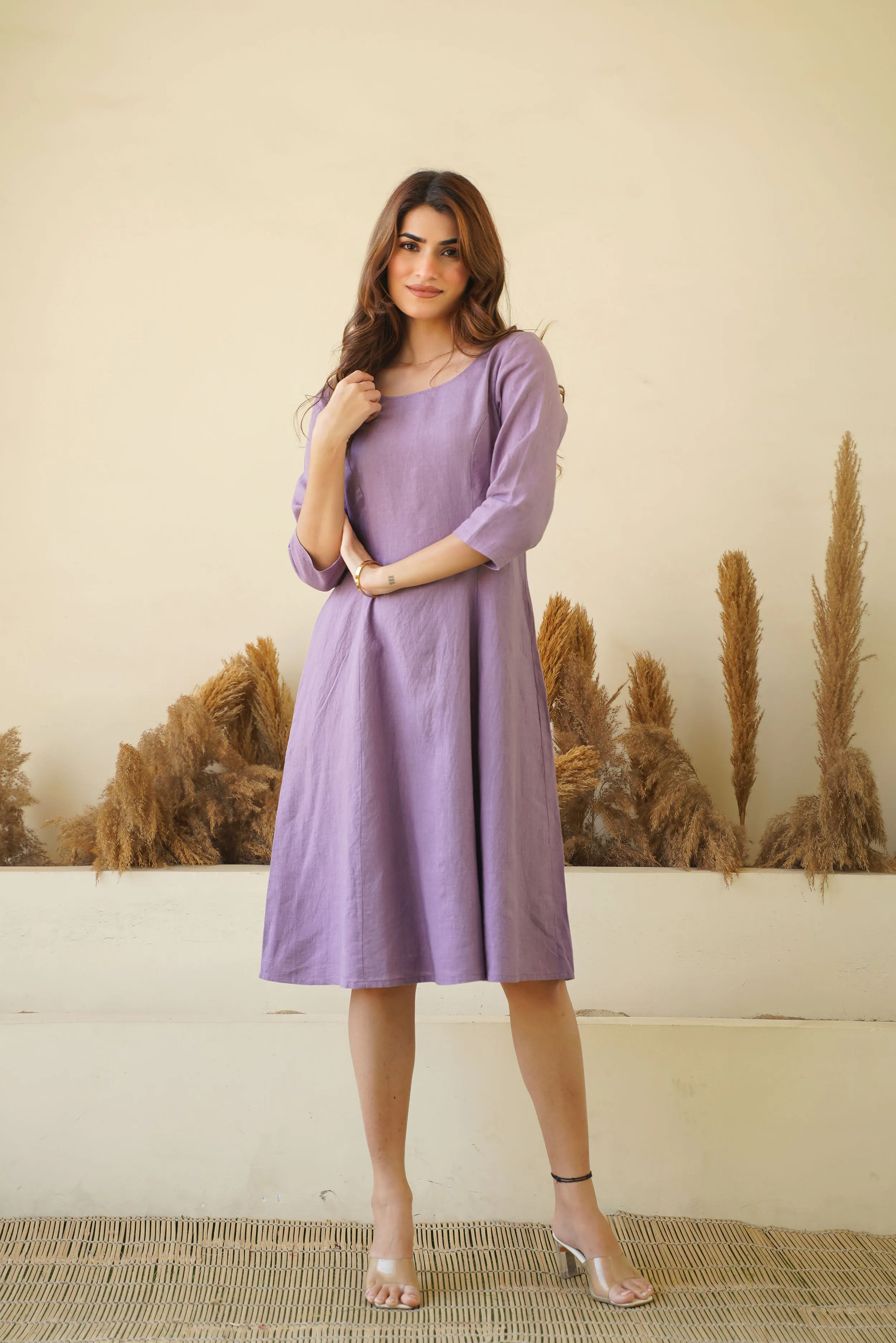 Lilac Women's Linen Dress - Round Neck Linen Tunic with Princess Seams, Long Sleeve | Zipper & Lining