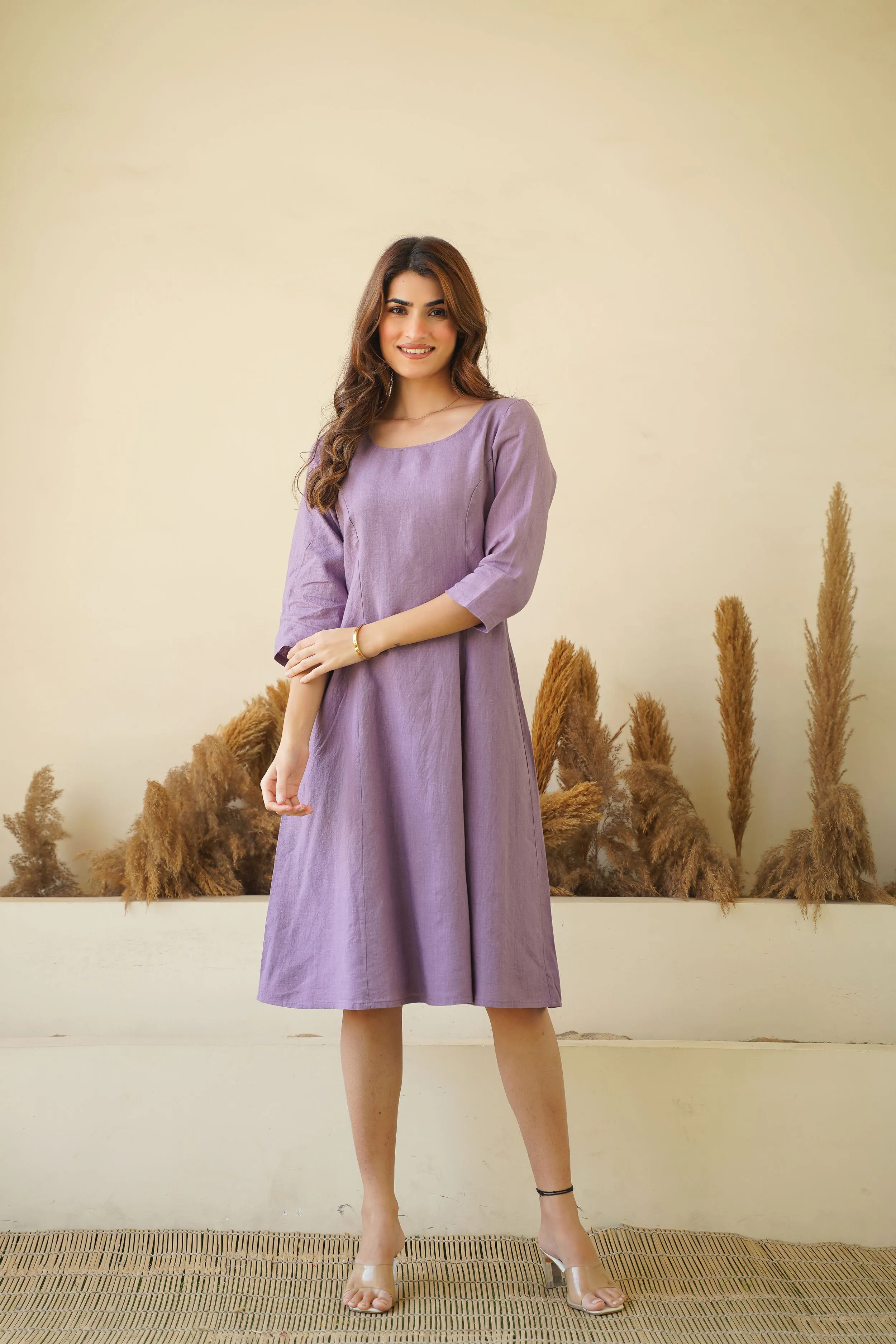 Lilac Women's Linen Dress - Round Neck Linen Tunic with Princess Seams, Long Sleeve | Zipper & Lining