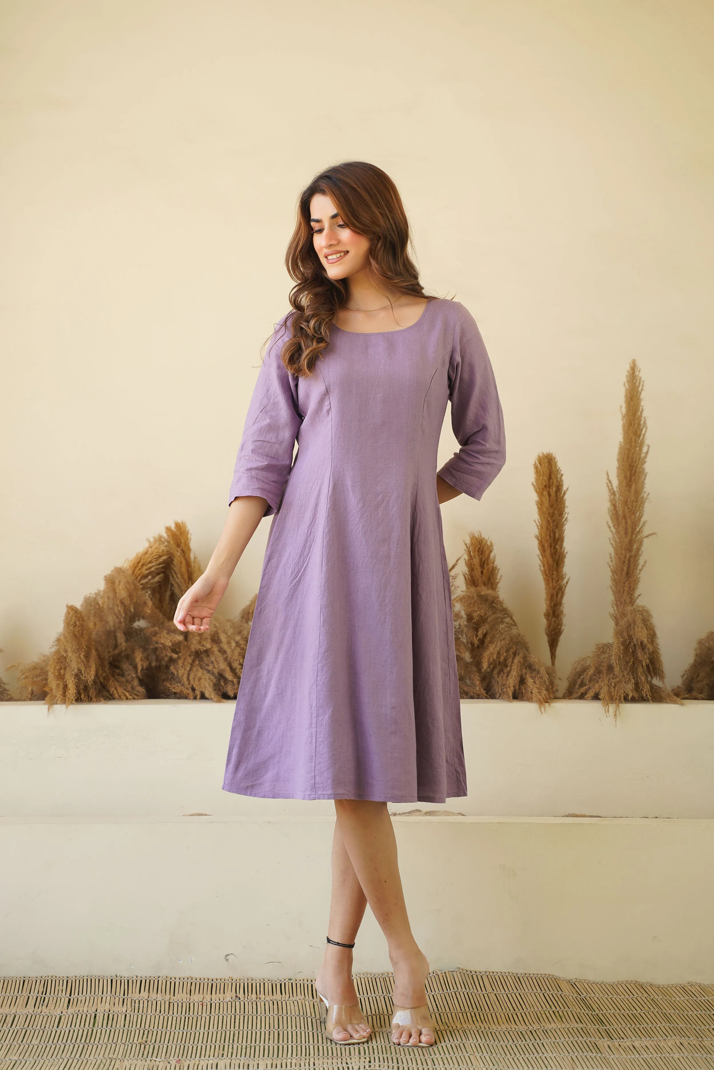 Lilac Women's Linen Dress - Round Neck Linen Tunic with Princess Seams, Long Sleeve | Zipper & Lining