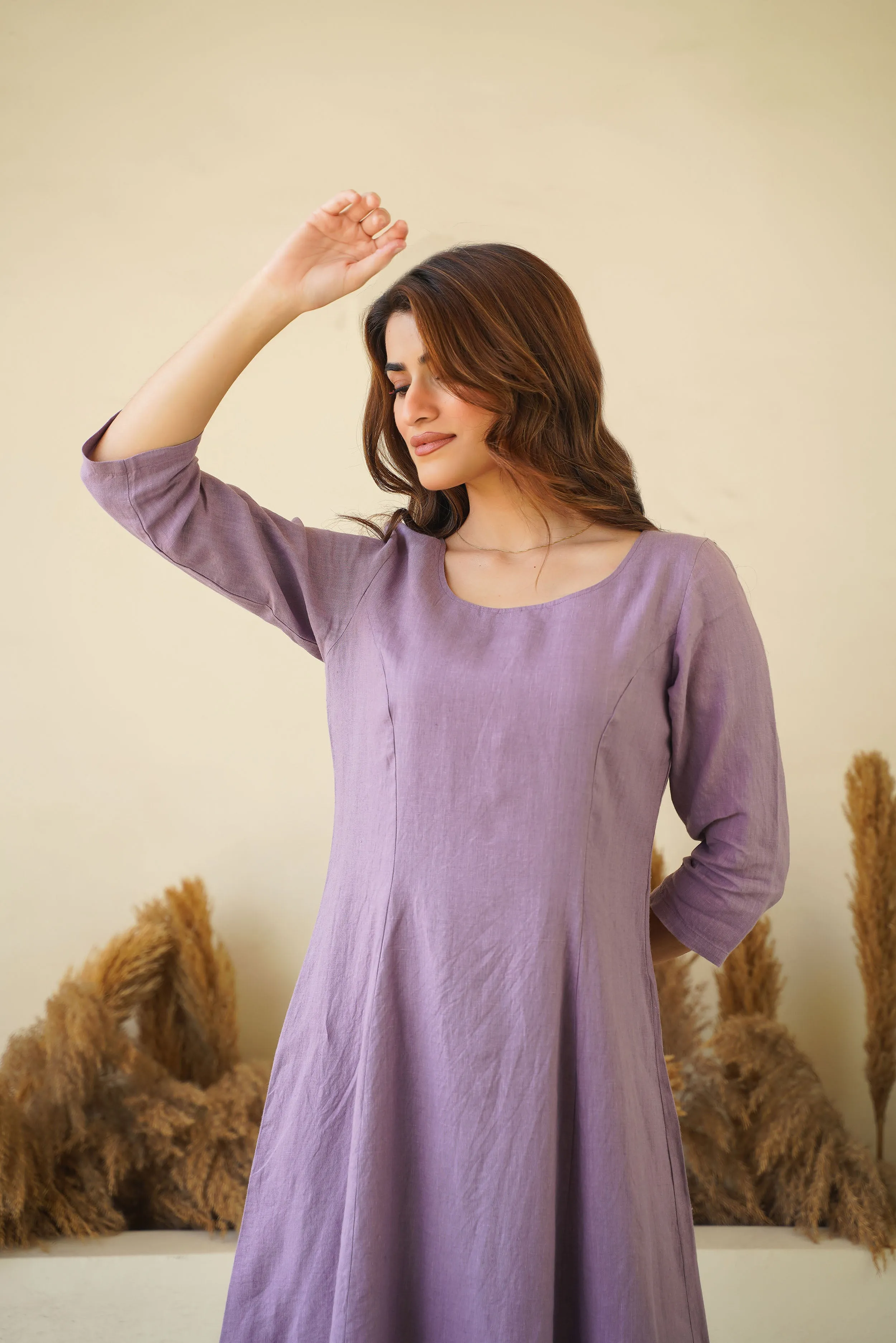 Lilac Women's Linen Dress - Round Neck Linen Tunic with Princess Seams, Long Sleeve | Zipper & Lining