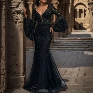 Long Flare Sleeve Black Lace Wedding Evening Night Club Prom Maxi Casual Sexy Dress