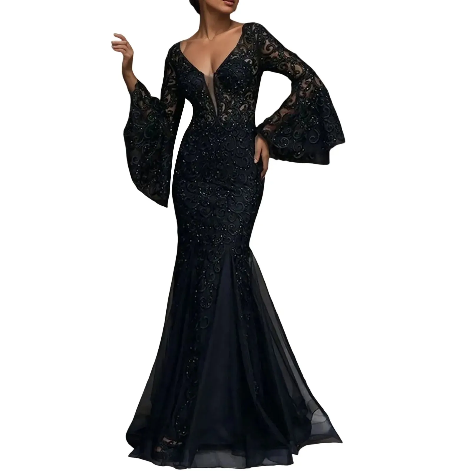 Long Flare Sleeve Black Lace Wedding Evening Night Club Prom Maxi Casual Sexy Dress