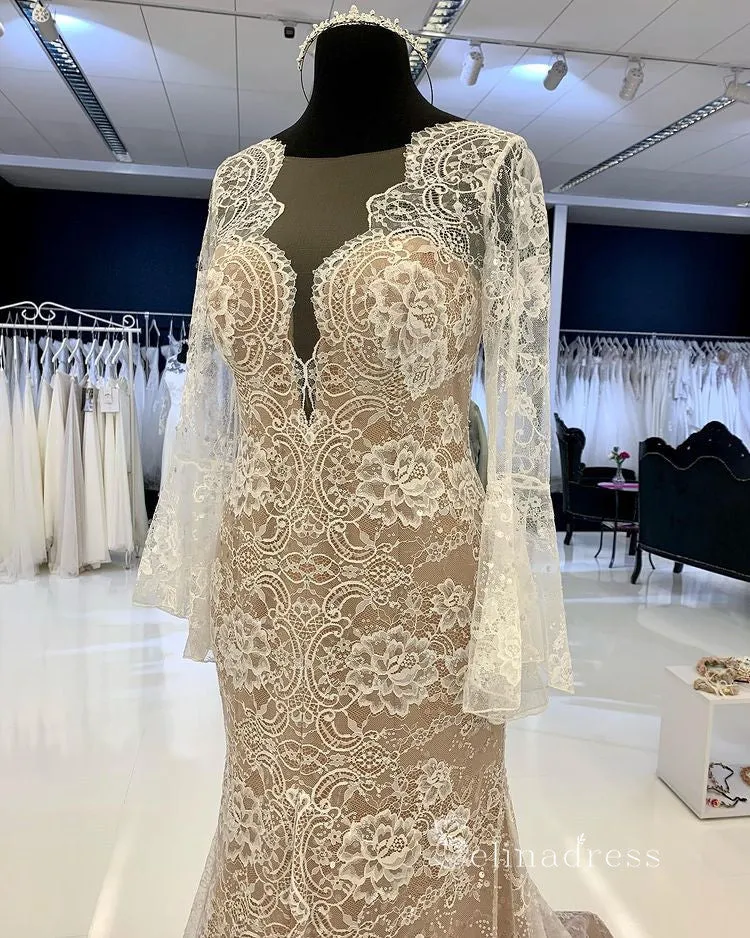 Long Sleeve Boho Lace Wedding Dress Romantic Mermaid Bridal Dresses RYU028