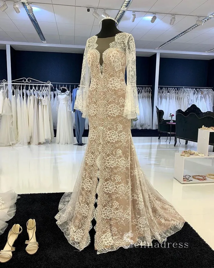 Long Sleeve Boho Lace Wedding Dress Romantic Mermaid Bridal Dresses RYU028