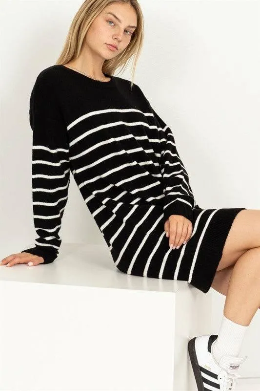 Long sleeved striped loose fit sweater dress