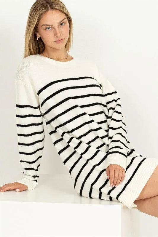 Long sleeved striped loose fit sweater dress