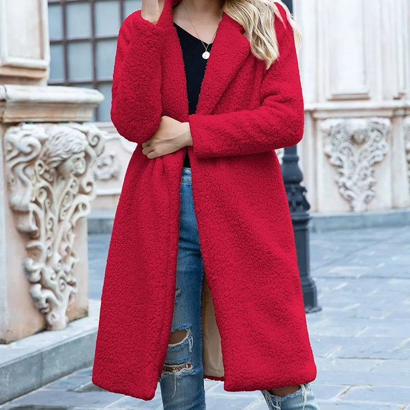 Long Winter Jacket Women Plush Coat Long Sleeve Lapel Pullover Lamb Velvet Sweater Overcoat Winter