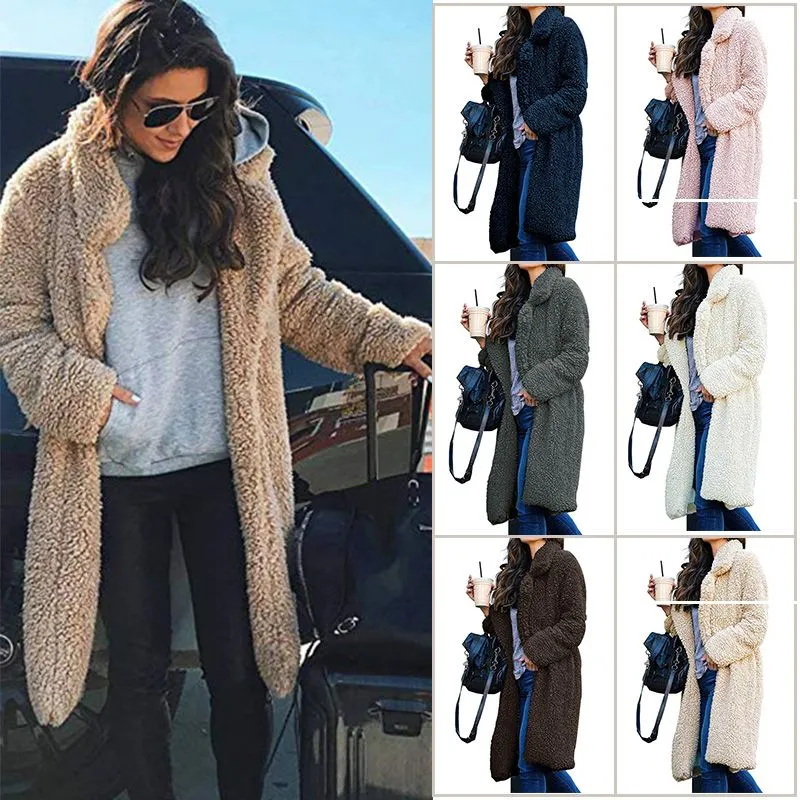 Long Winter Jacket Women Plush Coat Long Sleeve Lapel Pullover Lamb Velvet Sweater Overcoat Winter