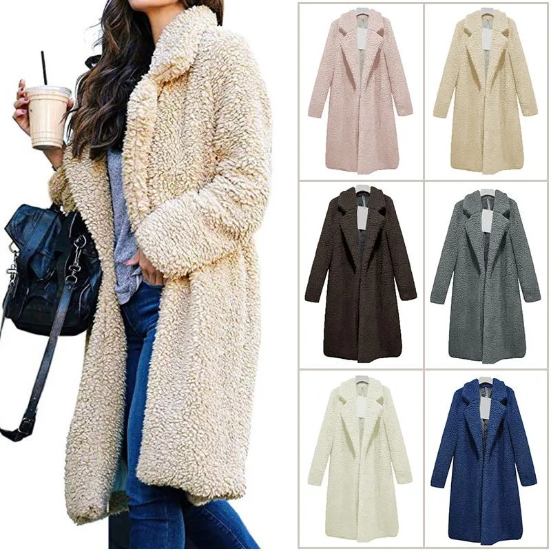 Long Winter Jacket Women Plush Coat Long Sleeve Lapel Pullover Lamb Velvet Sweater Overcoat Winter