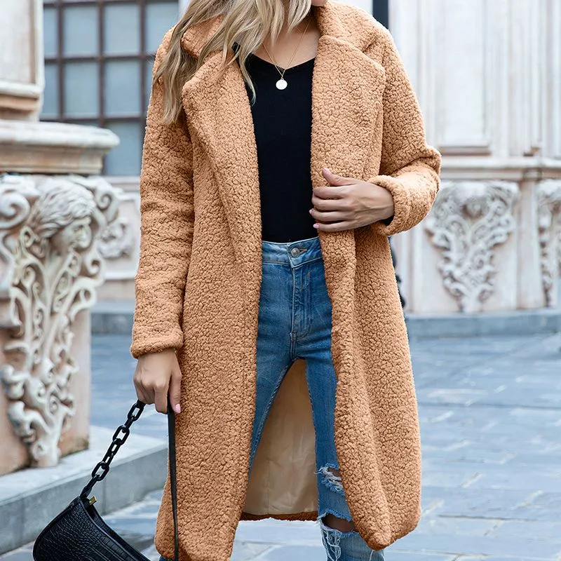 Long Winter Jacket Women Plush Coat Long Sleeve Lapel Pullover Lamb Velvet Sweater Overcoat Winter