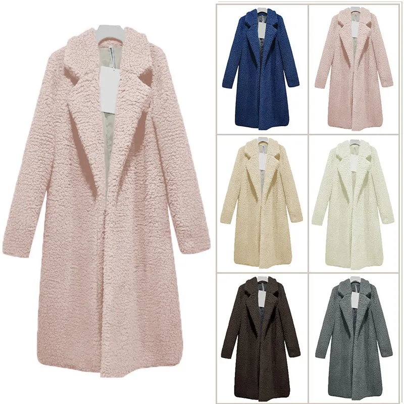 Long Winter Jacket Women Plush Coat Long Sleeve Lapel Pullover Lamb Velvet Sweater Overcoat Winter