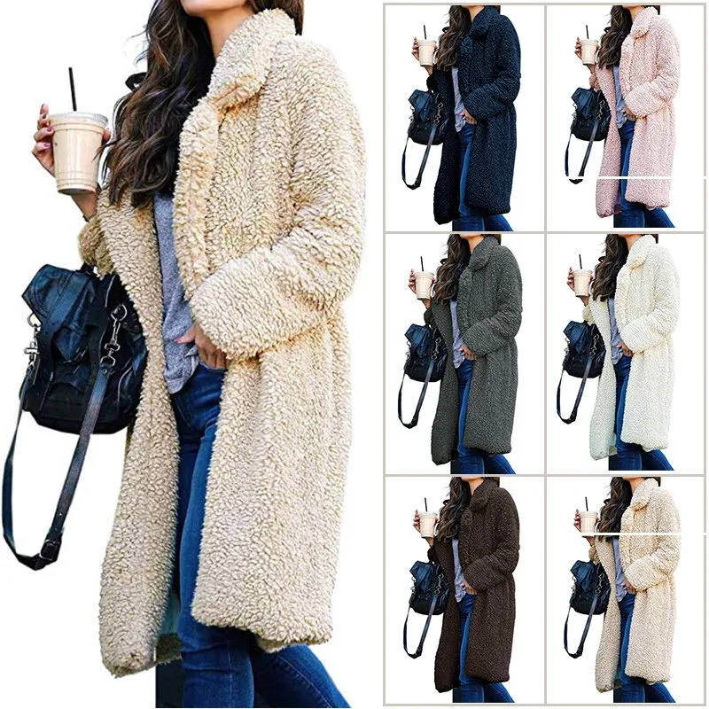 Long Winter Jacket Women Plush Coat Long Sleeve Lapel Pullover Lamb Velvet Sweater Overcoat Winter