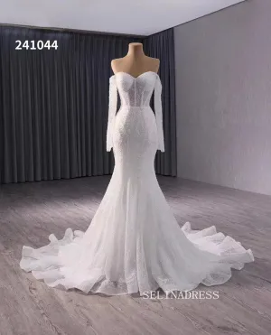 Luxury Beaded Wedding Dress White Long Sleeve Bridal Gowns 241044