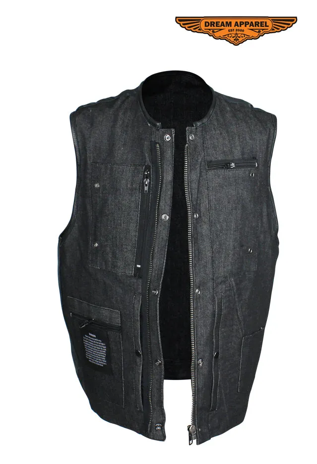 Men's Black Denim Club Vest W/ Gun Pockets