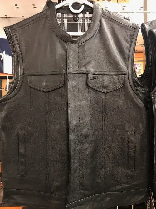 Men's leather motorcycle club vest with Black Flannel Lining #6664.00