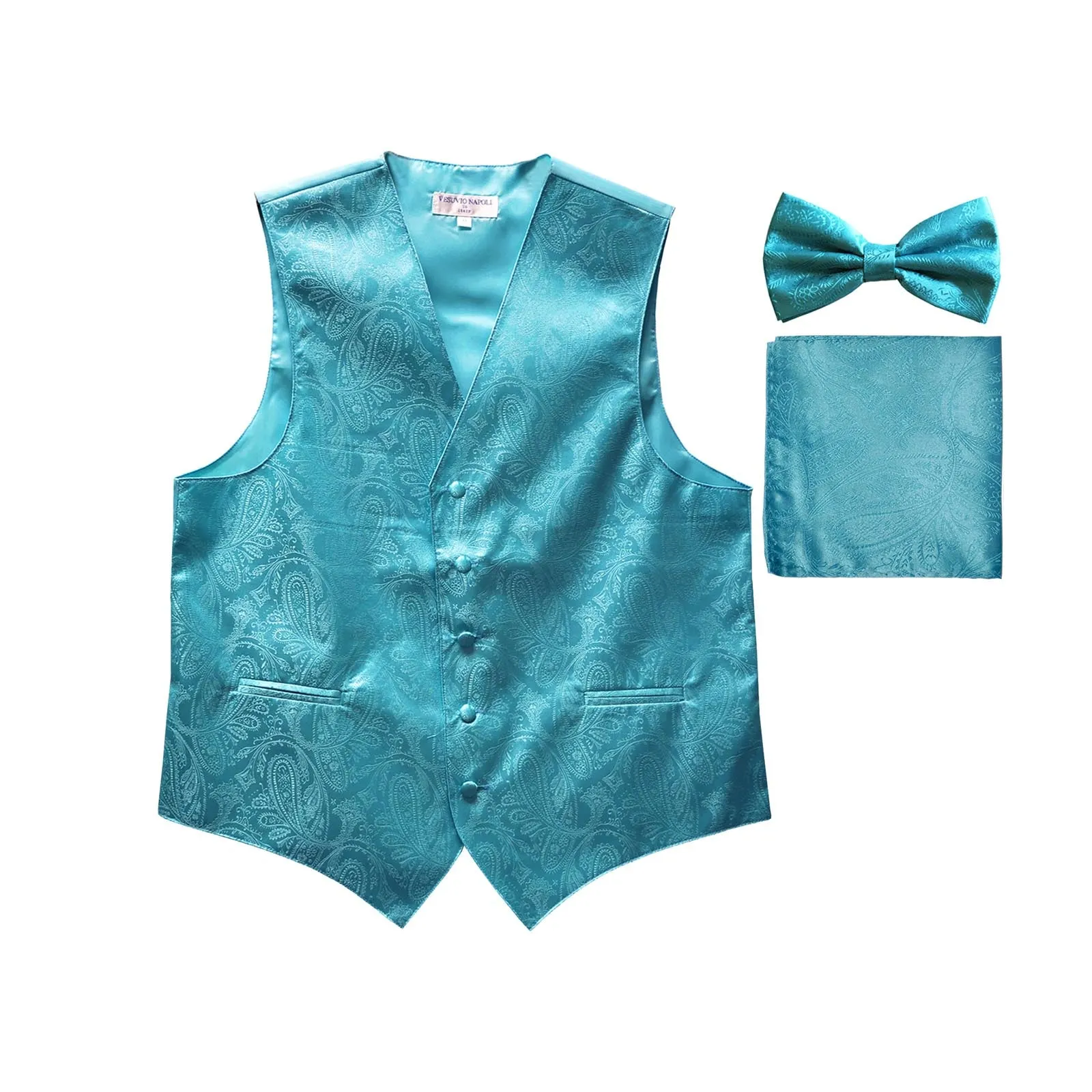 Men's paisley Tuxedo VEST Waistcoat_bowtie & hankie set formal wedding turquoise