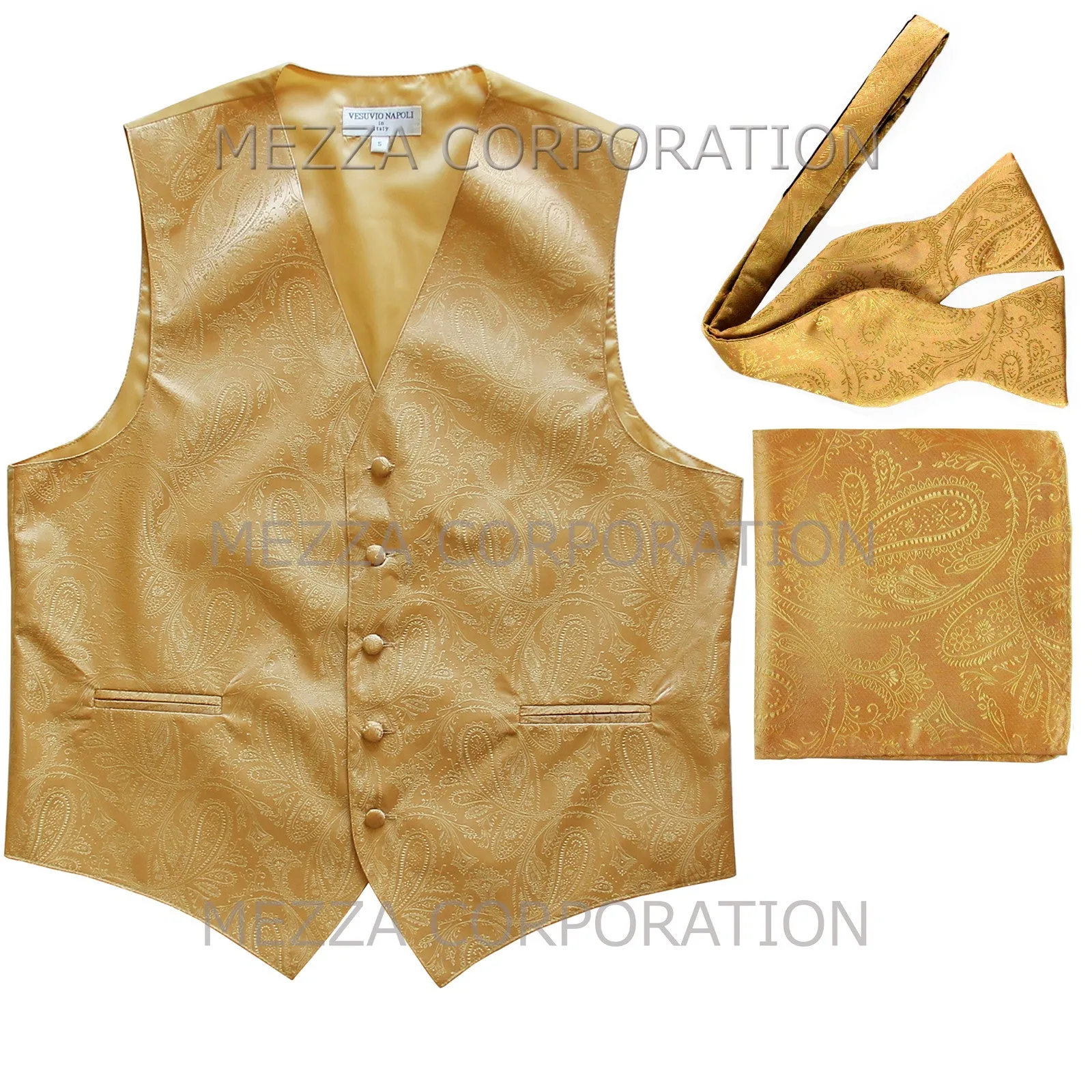 Men's paisley Tuxedo VEST Waistcoat_self tie bowtie & hankie set gold