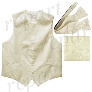 Men's paisley Tuxedo VEST Waistcoat_self tie bowtie & hankie set ivory