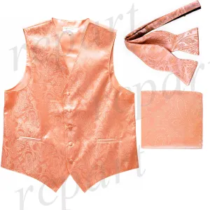 Men's paisley Tuxedo VEST Waistcoat_self tie bowtie & hankie set peach