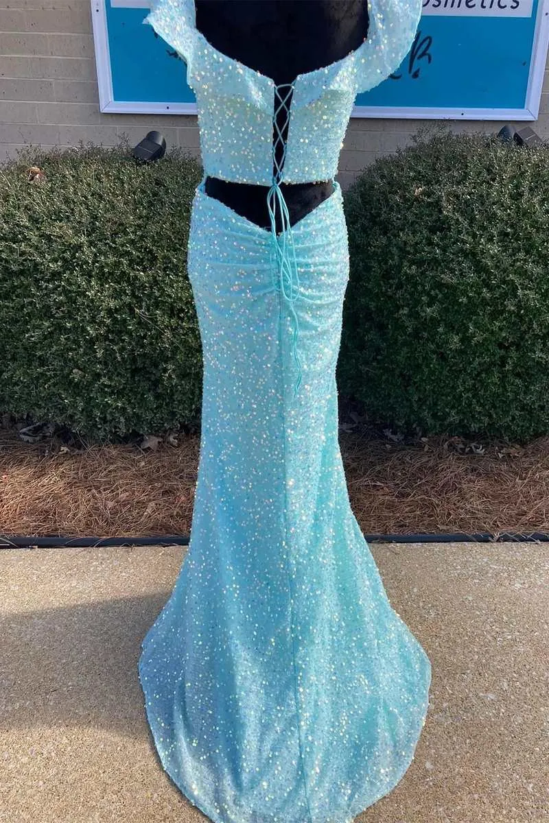 Mermaid Baby Blue Sequins Prom Dress Lace-up Prom Gown #QWE011