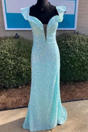 Mermaid Baby Blue Sequins Prom Dress Lace-up Prom Gown #QWE011