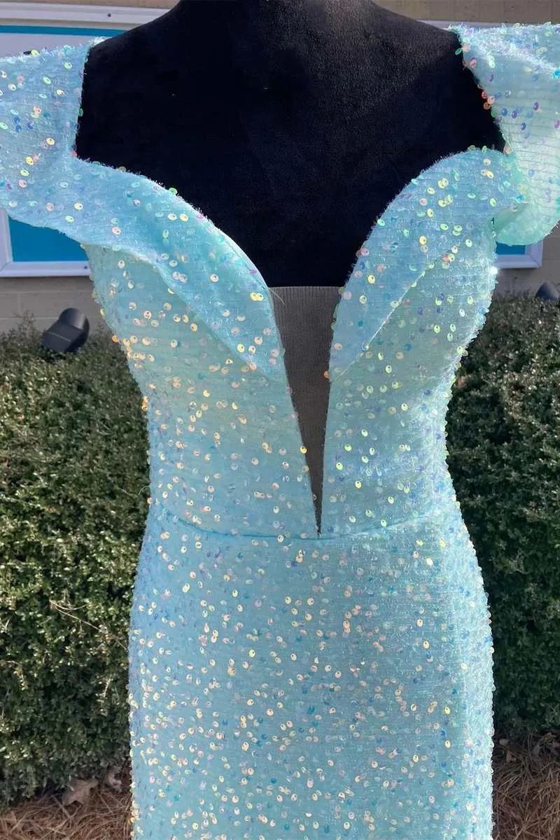 Mermaid Baby Blue Sequins Prom Dress Lace-up Prom Gown #QWE011