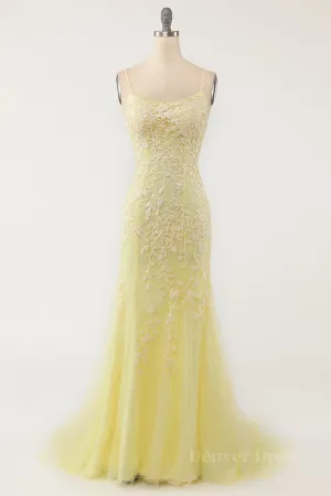 Mermaid Backless Yellow Lace Long Prom Dresses Mermaid Yellow Formal Dresses Yellow Lace Evening Dresses