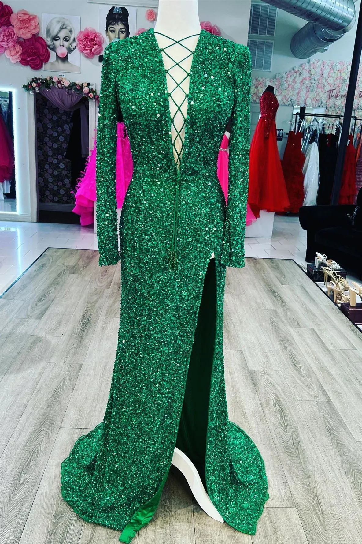 Mermaid Lace-Up Neck Long Sleeves Sequins Prom Dress with Slit Evening #POL118