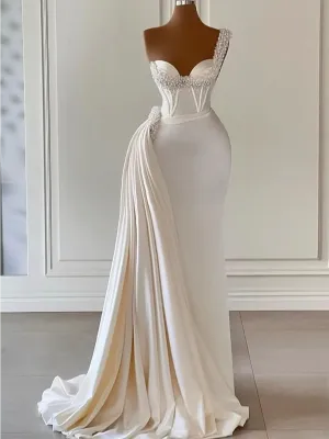 Mermaid One Shoulder Ivory African Prom Dress Beaded Ruffles Long Evening Gowns Formal Dress #POL047