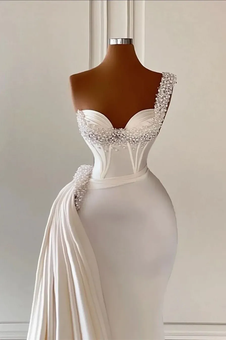 Mermaid One Shoulder Ivory African Prom Dress Beaded Ruffles Long Evening Gowns Formal Dress #POL047