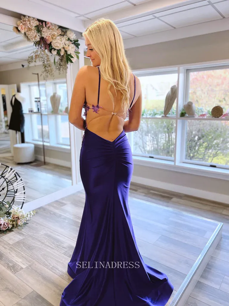 Mermaid Roayl Blue Long Prom Dress Lace Applique Formal Dresses Evening Dress KPY013