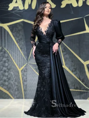 Mermaid Scoop See Through Black Long Sleeve Prom Dress Beaded Satin Evening Dresses HLK029