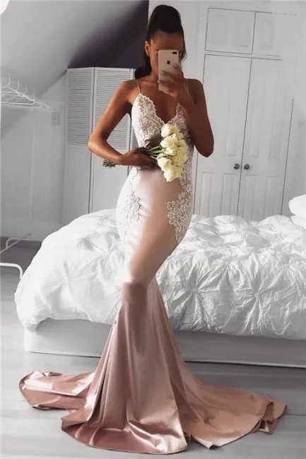 Mermaid Spaghetti Straps Lace Long Prom Dress Sexy Pink Evening Dress CBD462