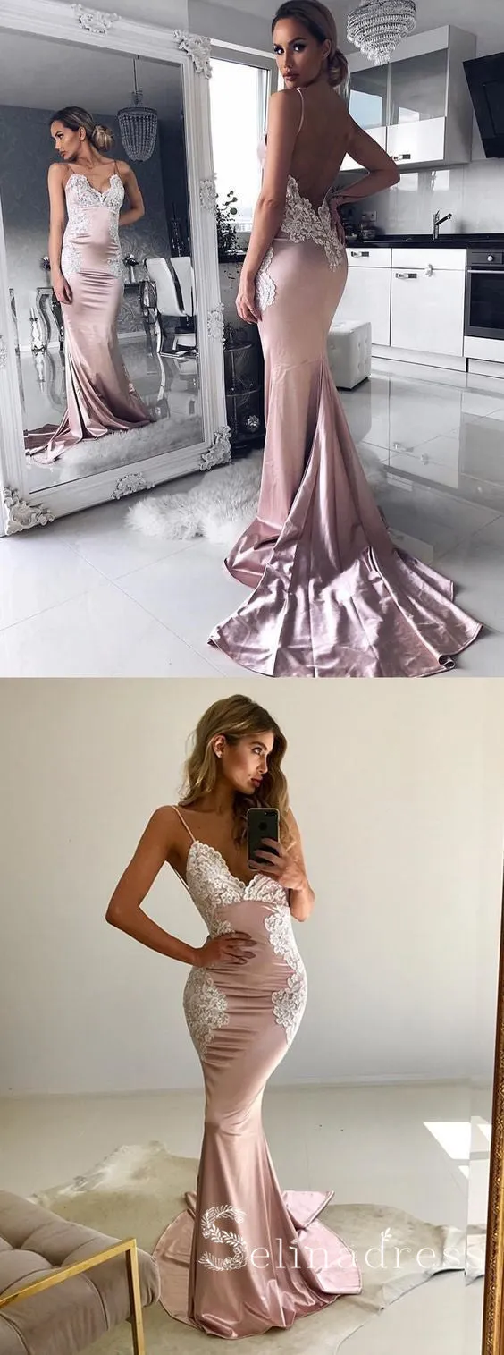 Mermaid Spaghetti Straps Lace Prom Dress Open Back Sexy Long Formal Evening Gowns SED136