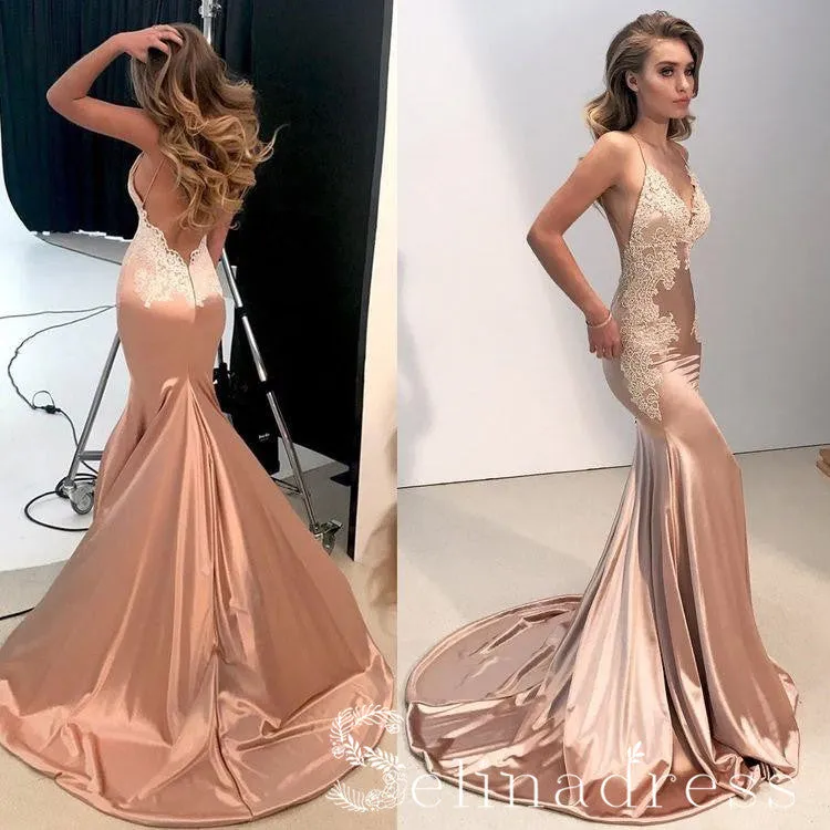 Mermaid Spaghetti Straps Lace Prom Dress Open Back Sexy Long Formal Evening Gowns SED136