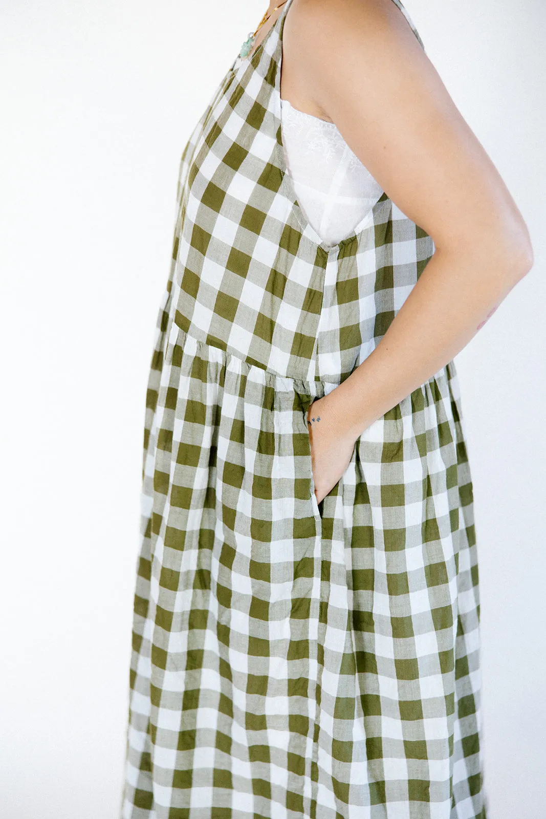 Metta - Long Waterfall Dress - Olive Check Cotton Voile