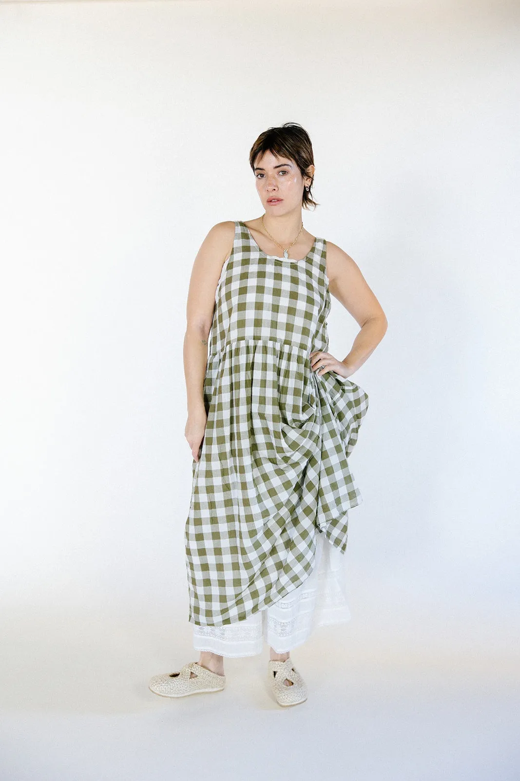 Metta - Long Waterfall Dress - Olive Check Cotton Voile