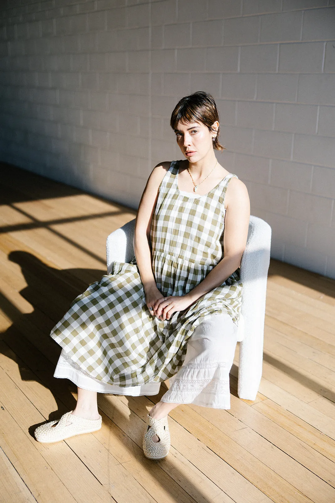 Metta - Long Waterfall Dress - Olive Check Cotton Voile