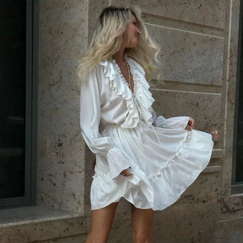 Mini Deep Neck V Long White Loose Folds Fashion Street Ruffle Sleeve Dress