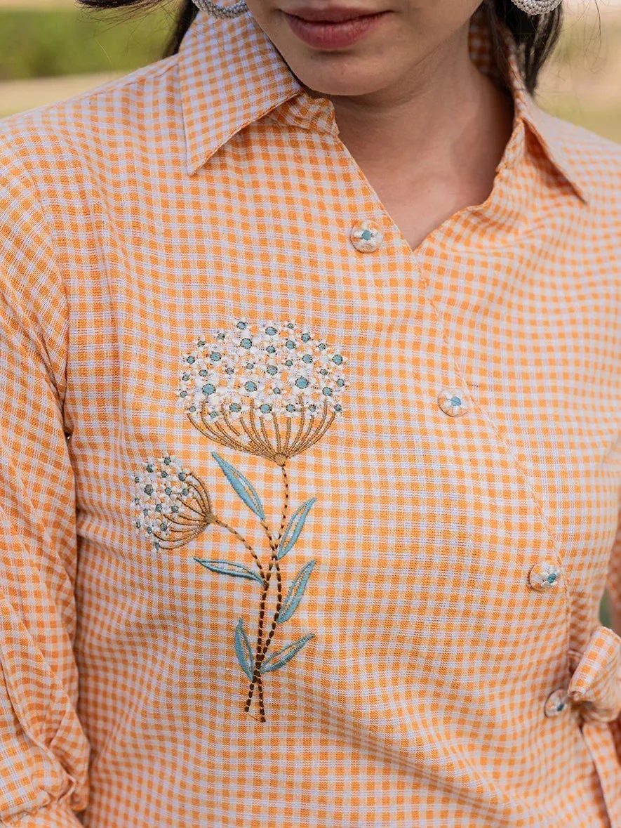 Mustard Cotton Checks Print Top With Embroidery