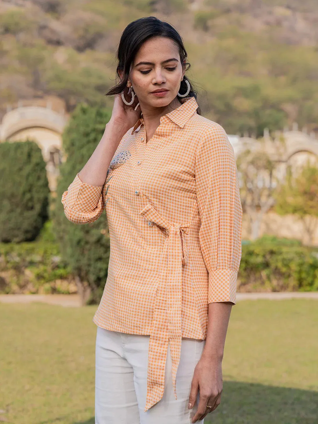 Mustard Cotton Checks Print Top With Embroidery